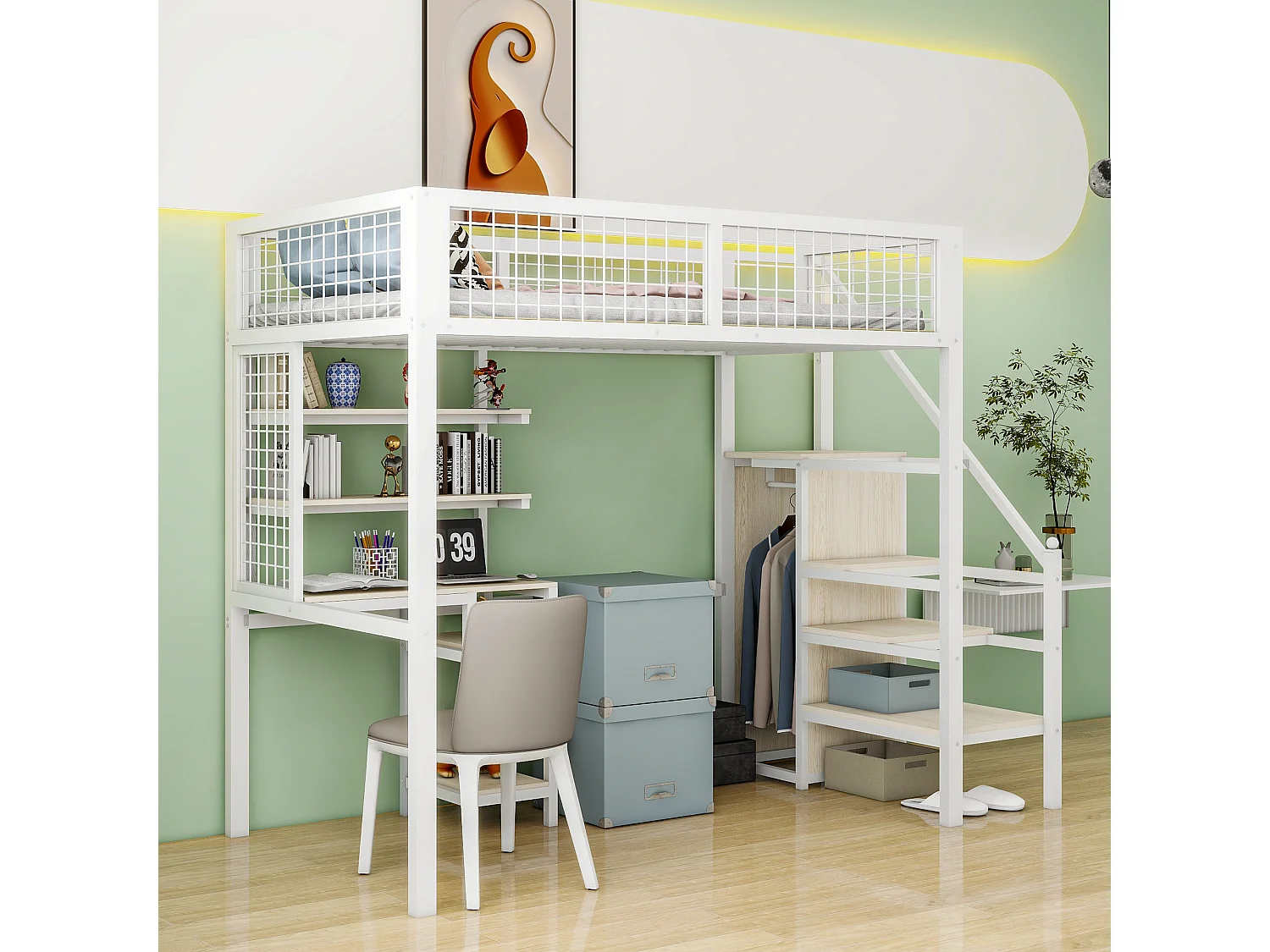 Hoogslaper 90x200 met veiligheidsladder, kinderbed met ijzeren structuur, kledingkast en computerbureau - wit