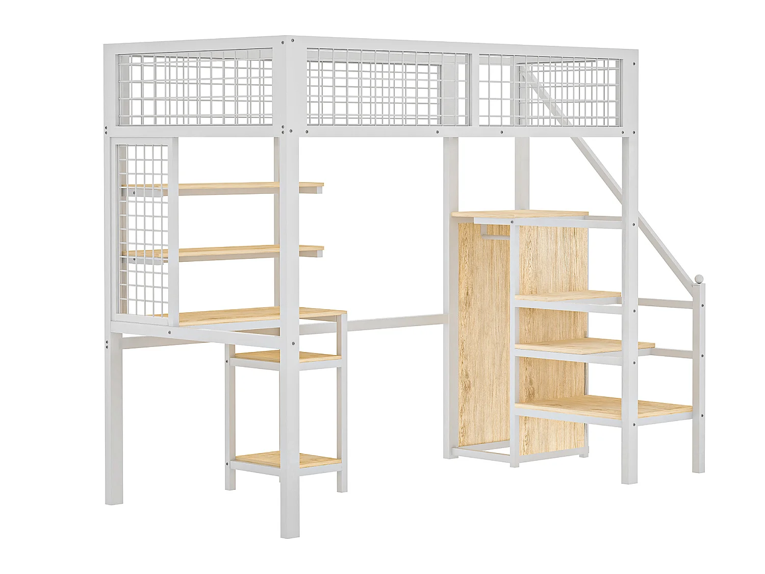 Hoogslaper 90x200 met veiligheidsladder, kinderbed met ijzeren structuur, kledingkast en computerbureau - wit