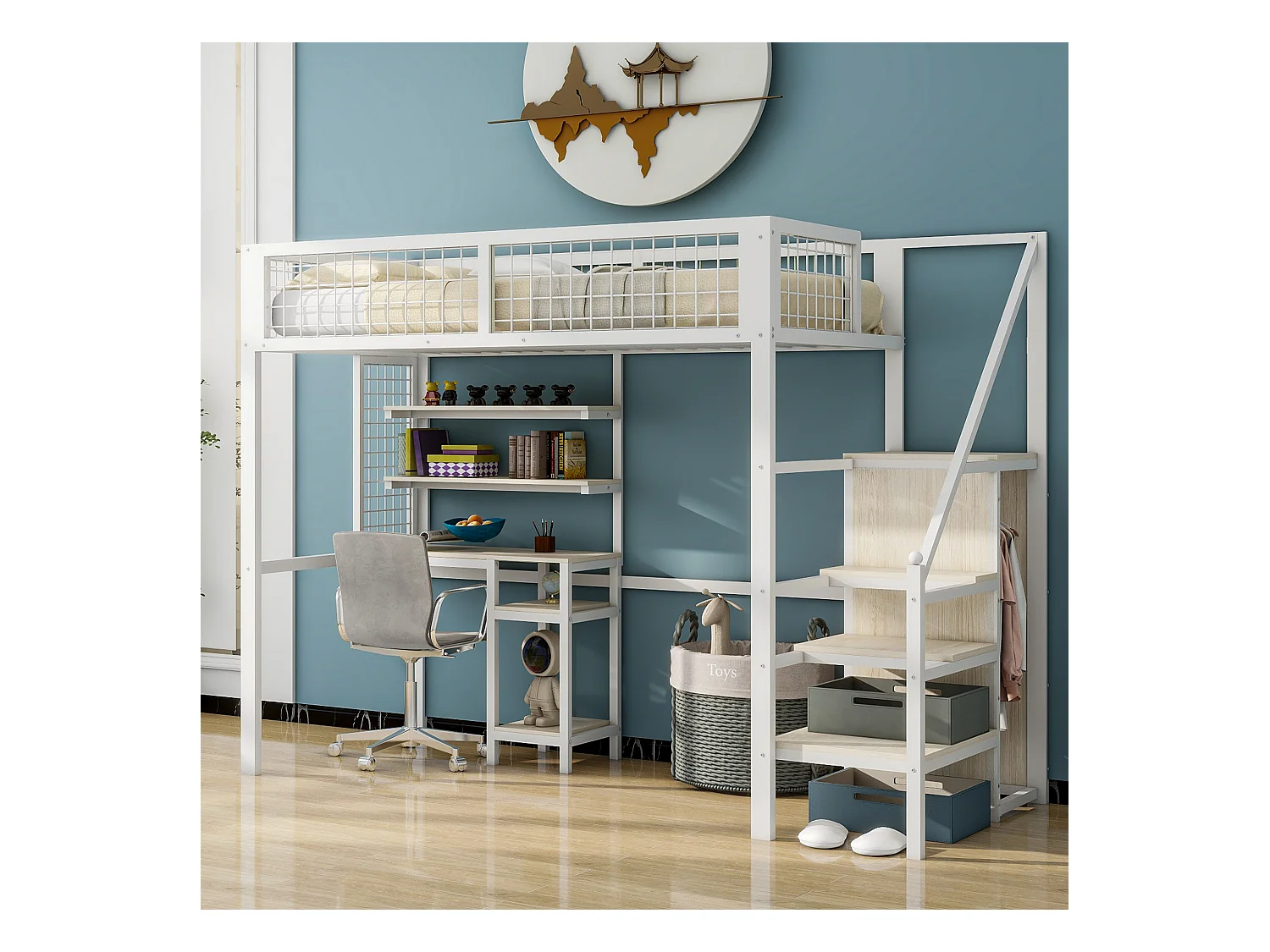 Lit mezzanine 90x200 avec échelle de sécurité, lit pour enfant avec structure en fer, armoire et bureau d'ordinateur - blanc