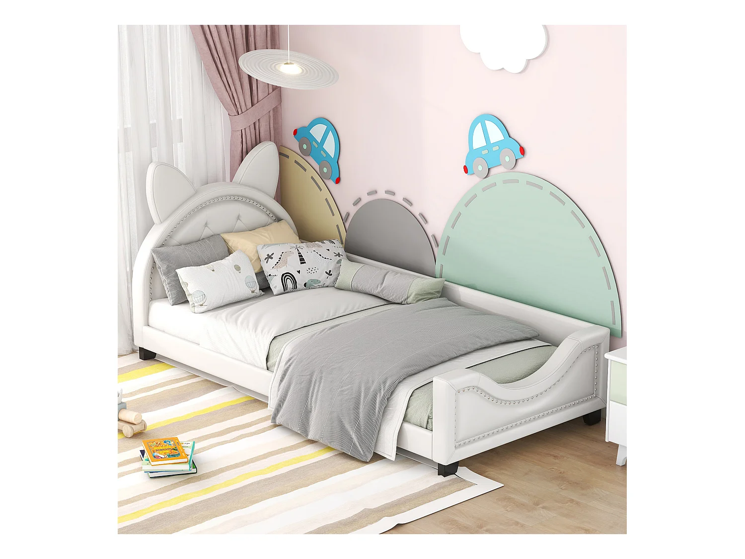 Lit enfant 90 x 200, lit simple, en forme d'oreilles en carton, blanc