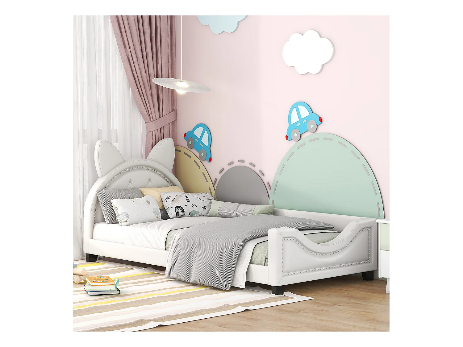 Lit enfant 90 x 200, lit simple, en forme d'oreilles en carton, blanc