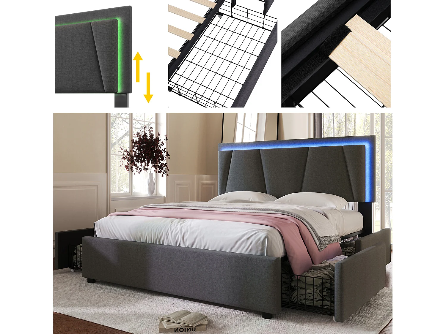 Gestoffeerd bed met LED-verlichting en 4 lades, 160x200cm, grijs