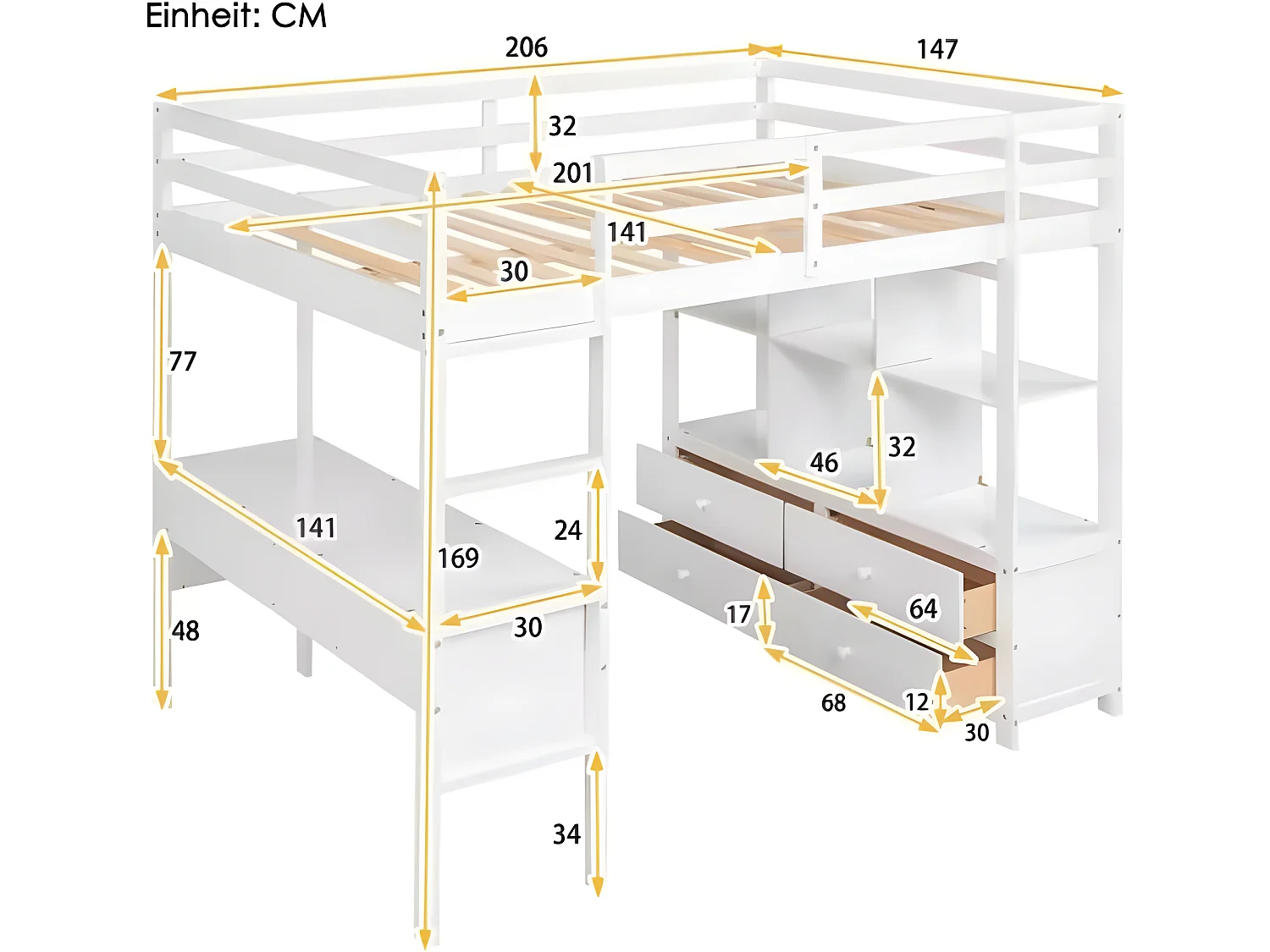 Kindertussenbed 140 x 200 met lades wit