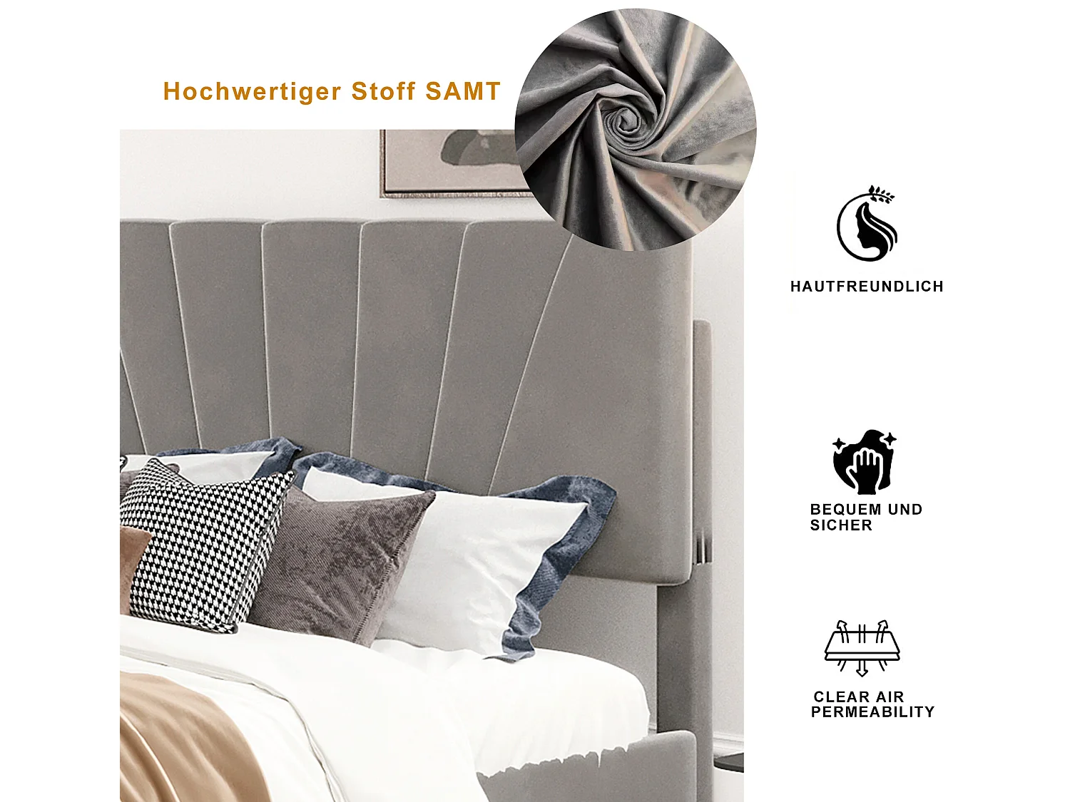 Klassiek fluwelen tweepersoonsbed met lattenbodem, grijze rugleuning 140 x 200 cm