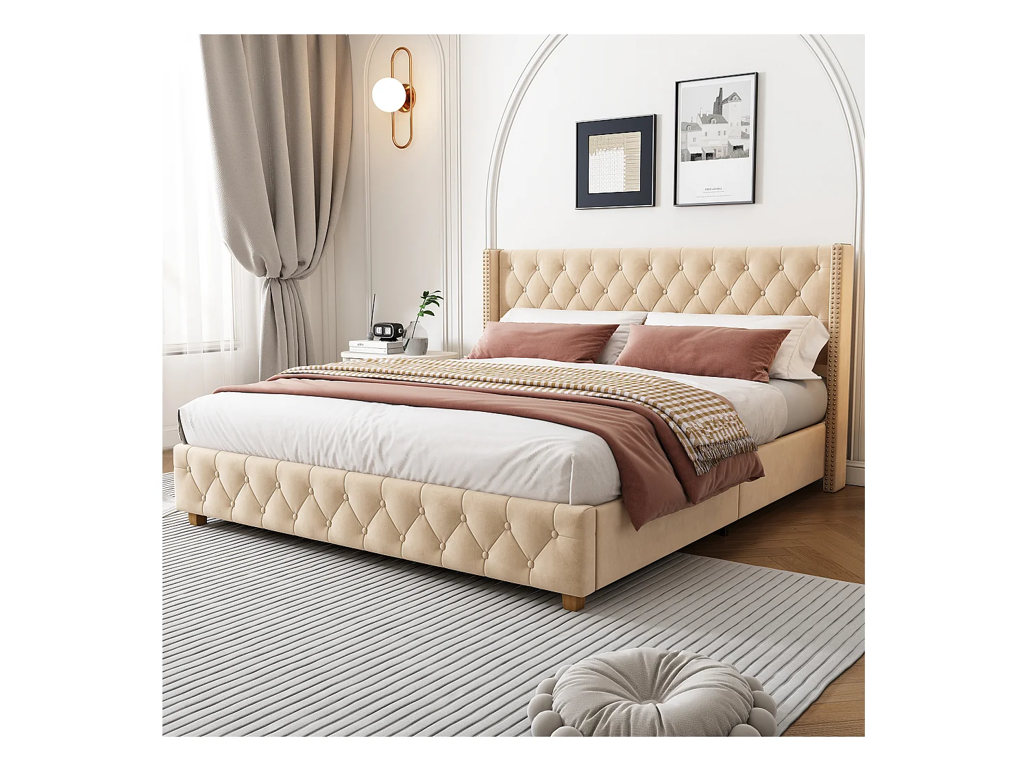 Gestoffeerd bed 160*200cm met lattenbodem en hoofdeinde, fluwelen knopen, noppenrand, fluweel, donkerbeige