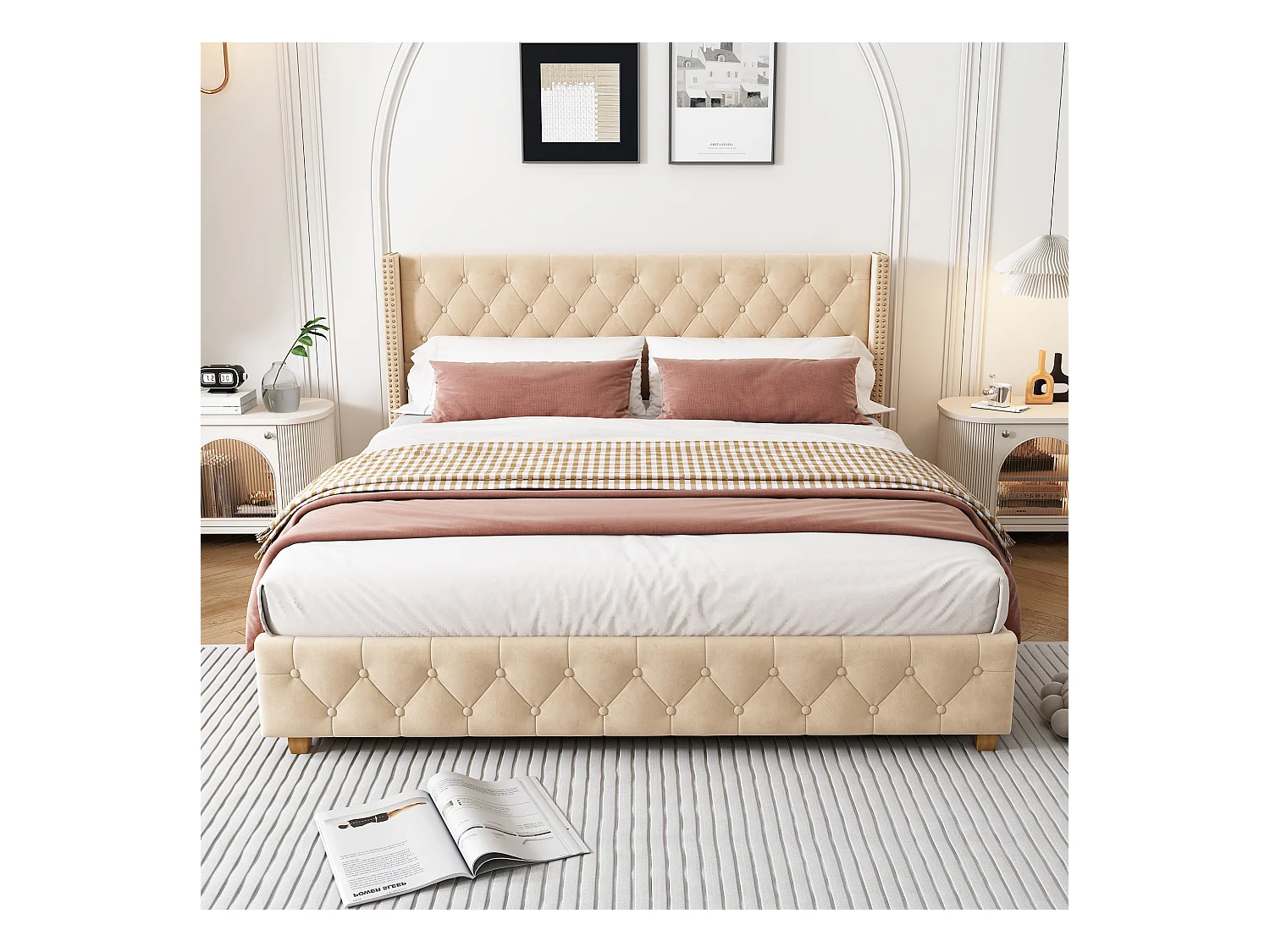 Gestoffeerd bed 160*200cm met lattenbodem en hoofdeinde, fluwelen knopen, noppenrand, fluweel, donkerbeige
