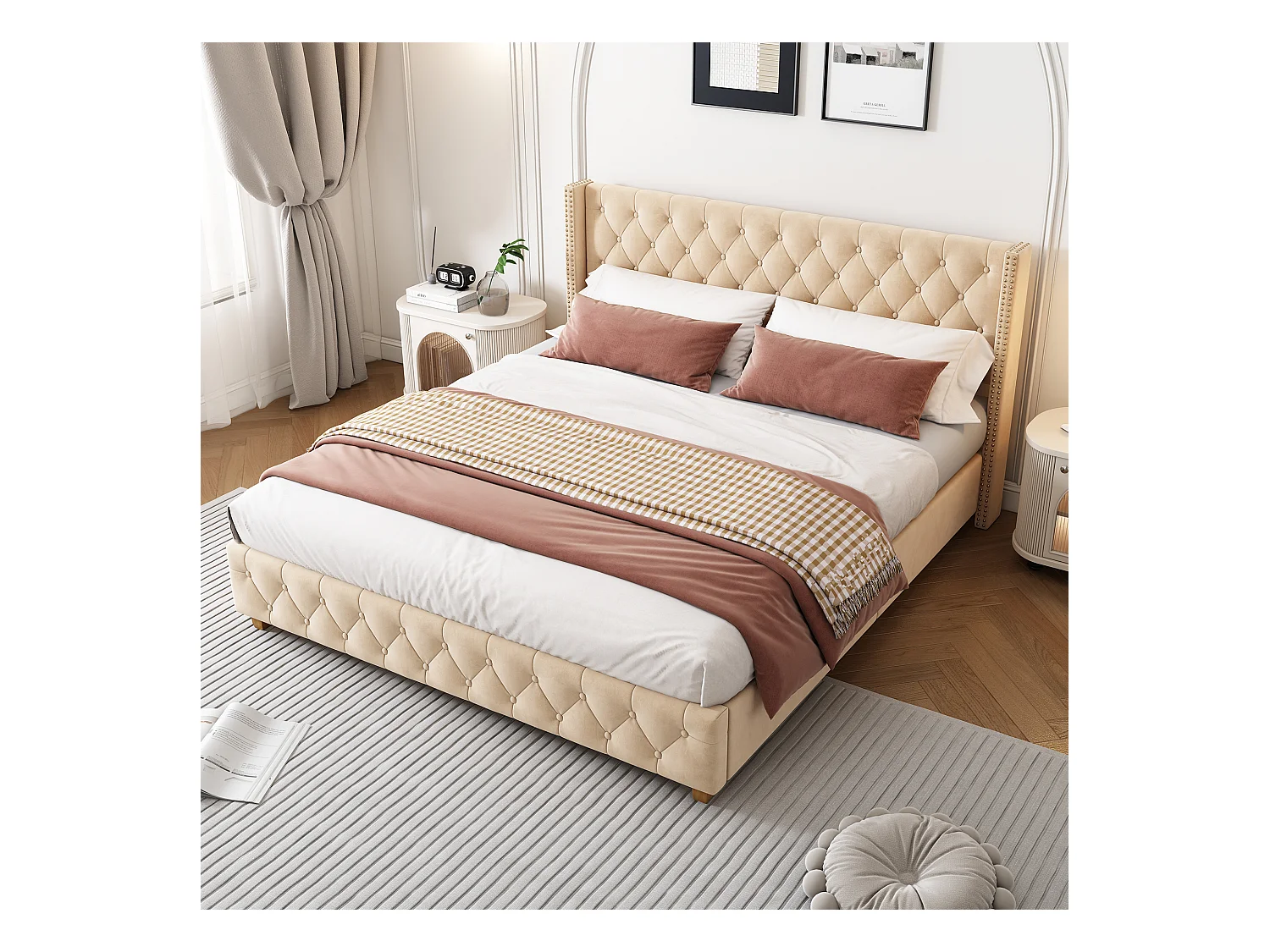 Gestoffeerd bed 160*200cm met lattenbodem en hoofdeinde, fluwelen knopen, noppenrand, fluweel, donkerbeige