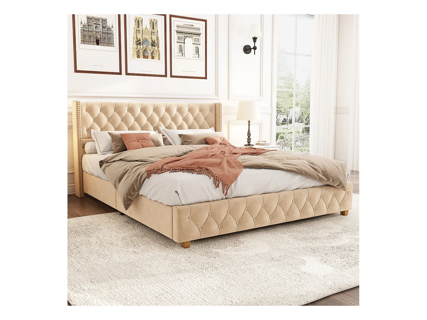 Gestoffeerd bed 160*200cm met lattenbodem en hoofdeinde, fluwelen knopen, noppenrand, fluweel, donkerbeige