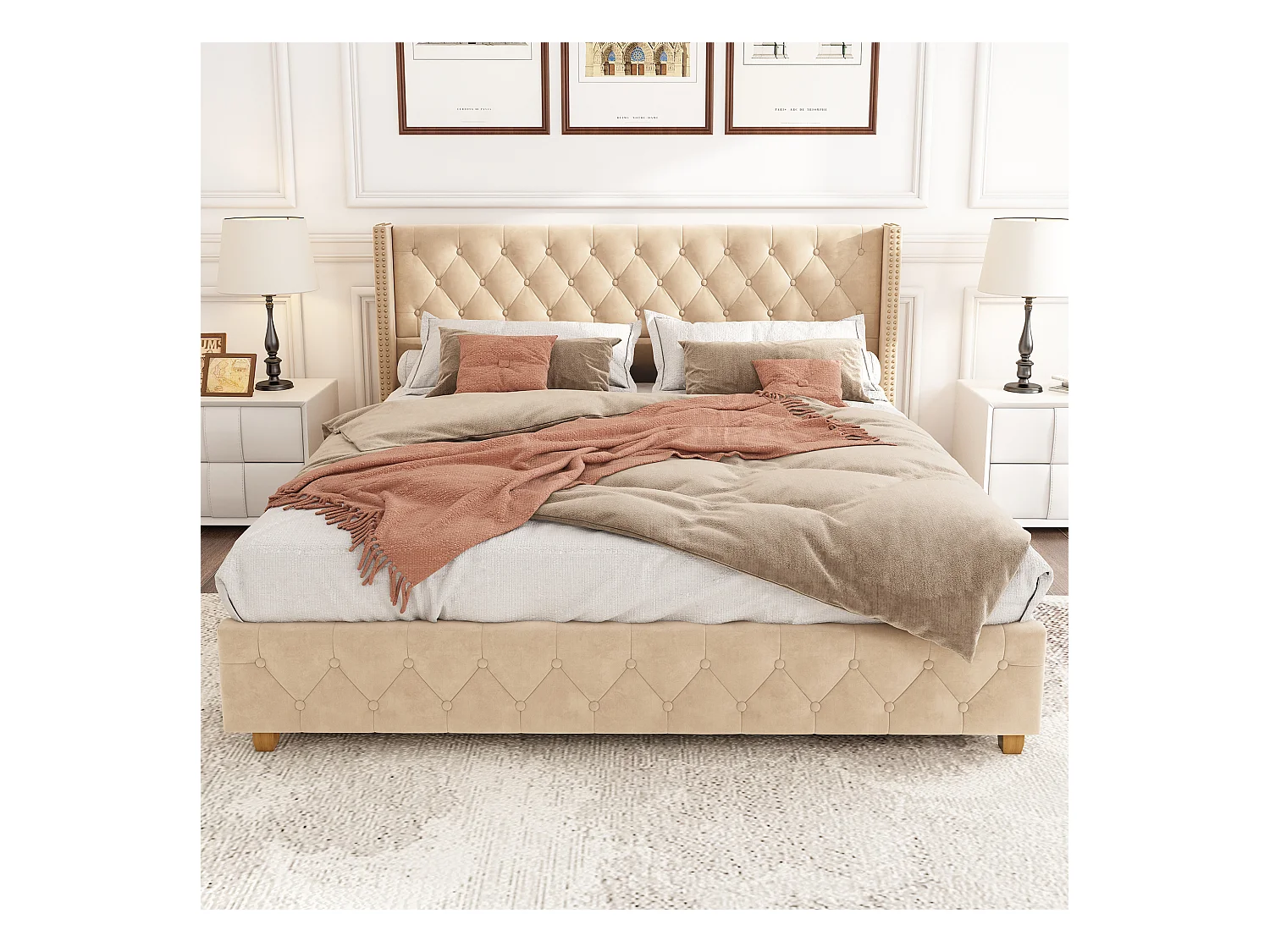Gestoffeerd bed 160*200cm met lattenbodem en hoofdeinde, fluwelen knopen, noppenrand, fluweel, donkerbeige