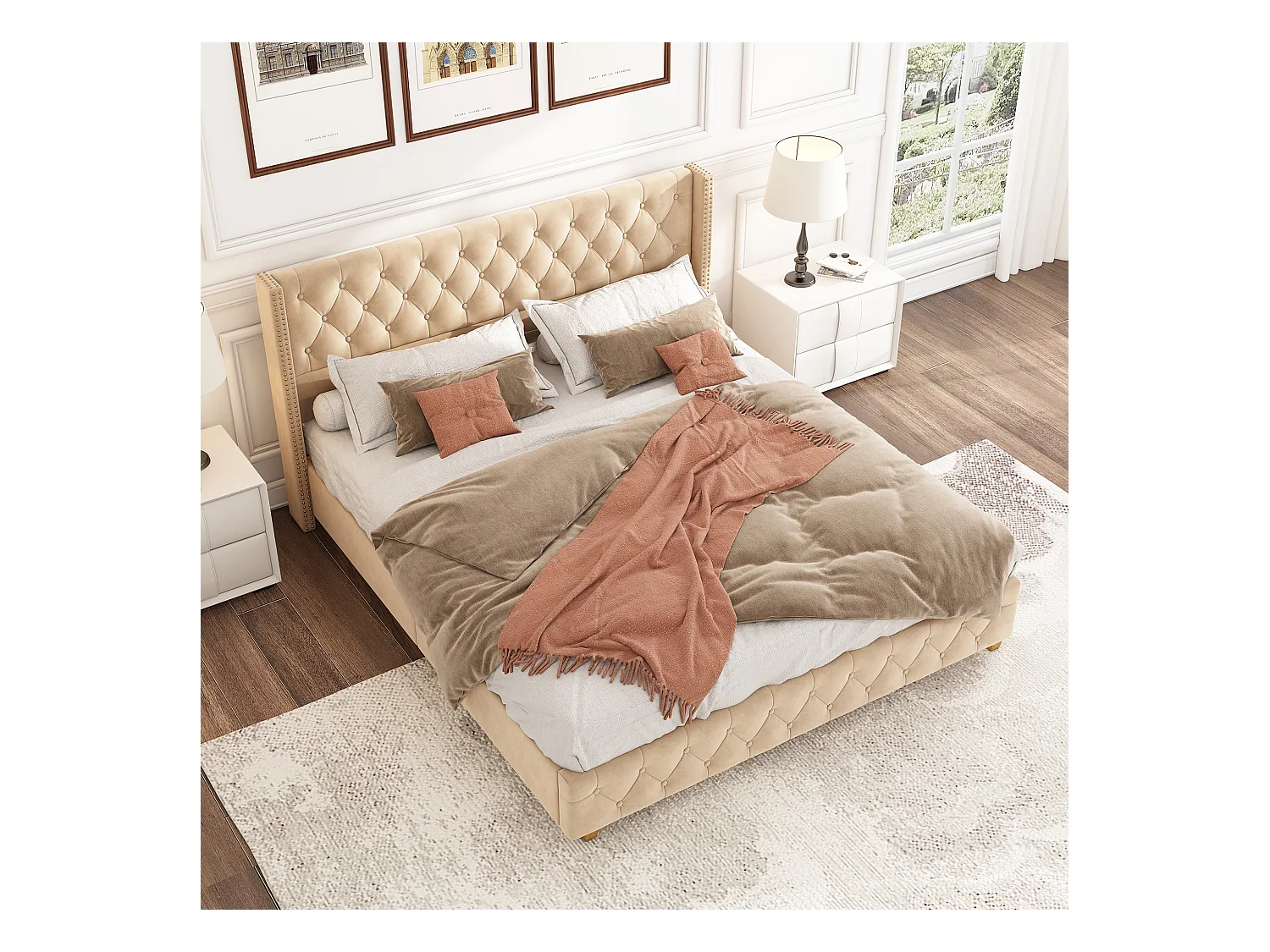 Gestoffeerd bed 160*200cm met lattenbodem en hoofdeinde, fluwelen knopen, noppenrand, fluweel, donkerbeige
