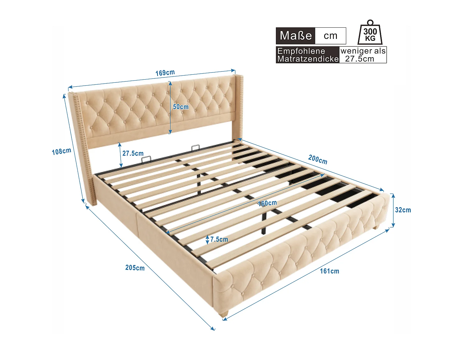 Gestoffeerd bed 160*200cm met lattenbodem en hoofdeinde, fluwelen knopen, noppenrand, fluweel, donkerbeige