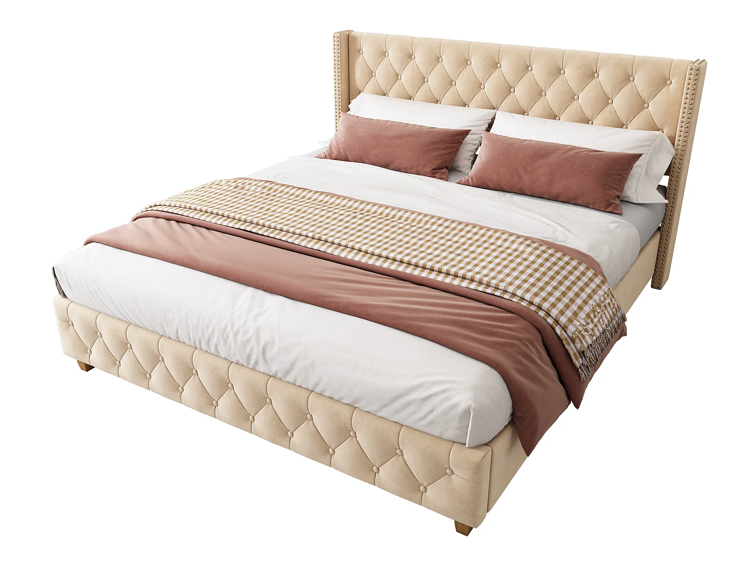 Gestoffeerd bed 160*200cm met lattenbodem en hoofdeinde, fluwelen knopen, noppenrand, fluweel, donkerbeige