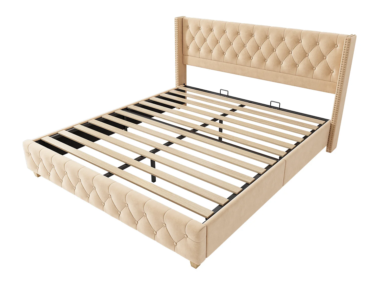 Gestoffeerd bed 160*200cm met lattenbodem en hoofdeinde, fluwelen knopen, noppenrand, fluweel, donkerbeige