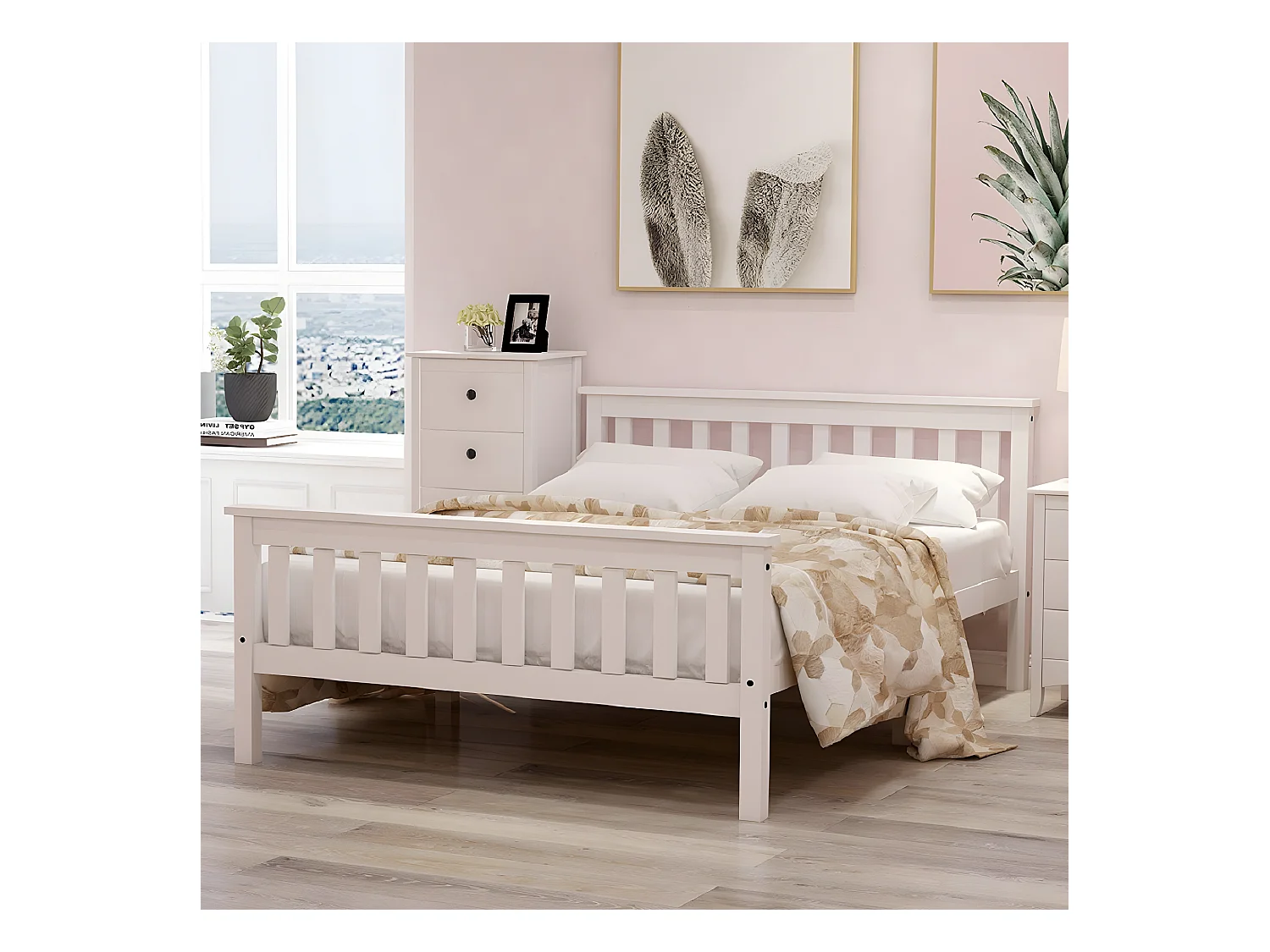 Massief houten tweepersoonsbed 140 x 200 cm met lattenbodem, grenen bed, wit