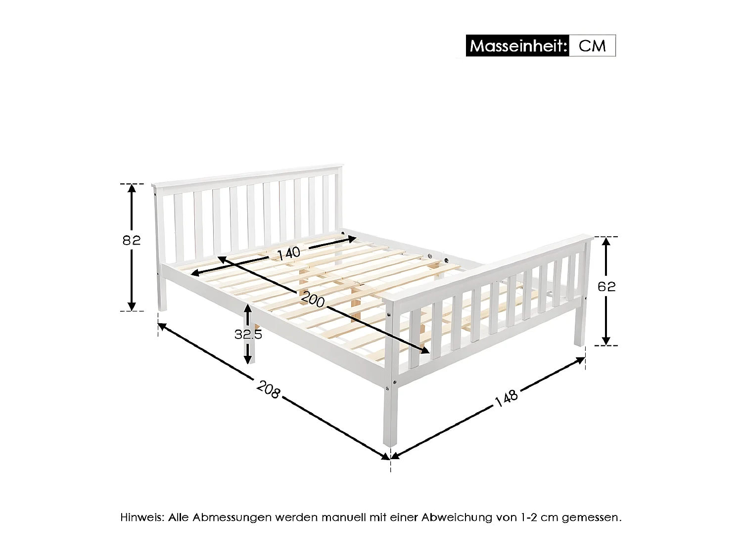 Massief houten tweepersoonsbed 140 x 200 cm met lattenbodem, grenen bed, wit