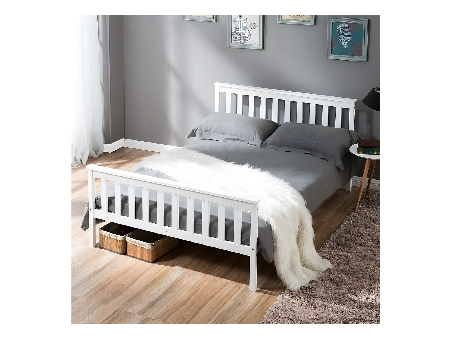Massief houten tweepersoonsbed 140 x 200 cm met lattenbodem, grenen bed, wit