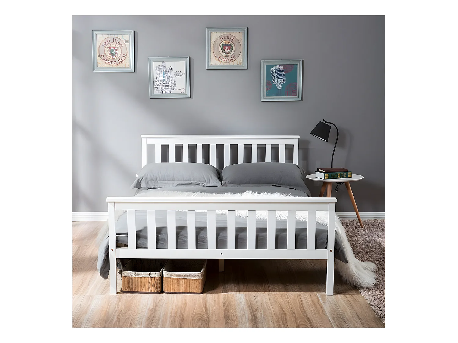 Massief houten tweepersoonsbed 140 x 200 cm met lattenbodem, grenen bed, wit