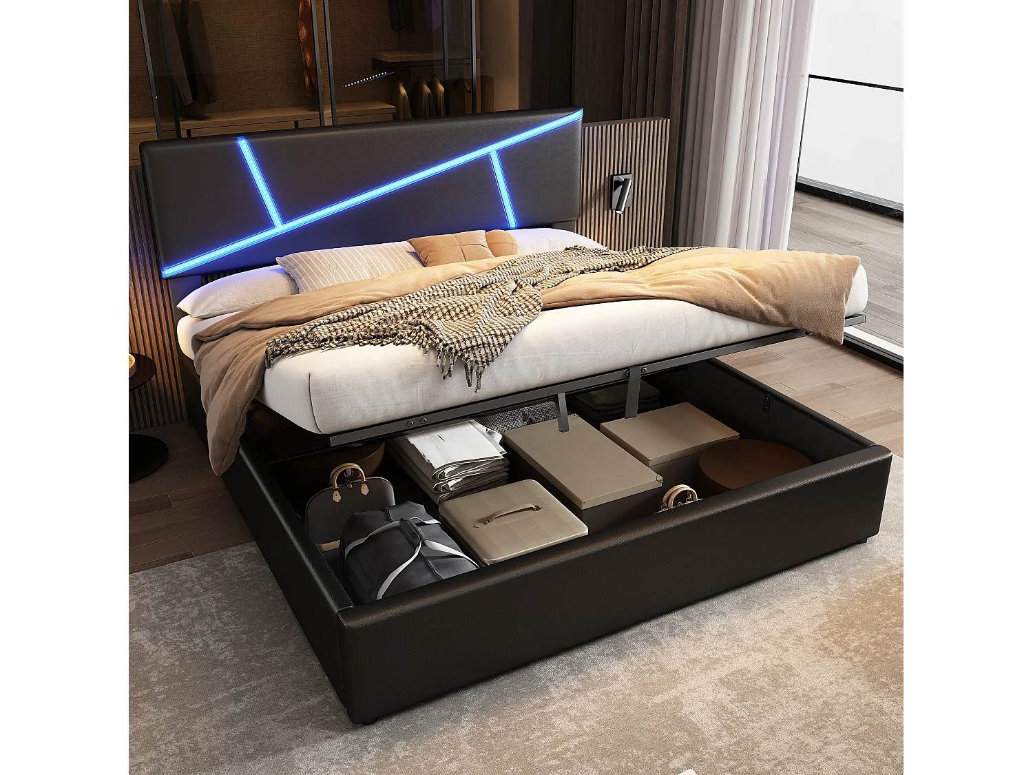 Lit rembourré confortable avec bandeaux led, 180 * 200 cm, noir