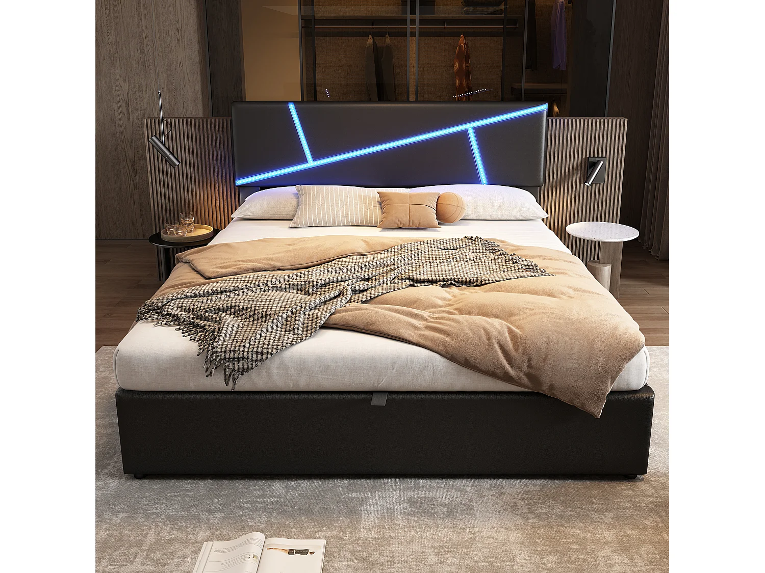 Lit rembourré confortable avec bandeaux led, 180 * 200 cm, noir