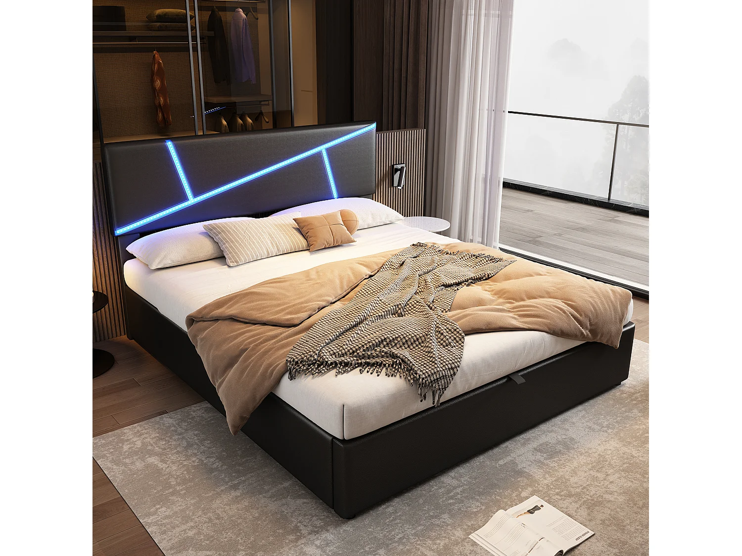 Lit rembourré confortable avec bandeaux led, 180 * 200 cm, noir