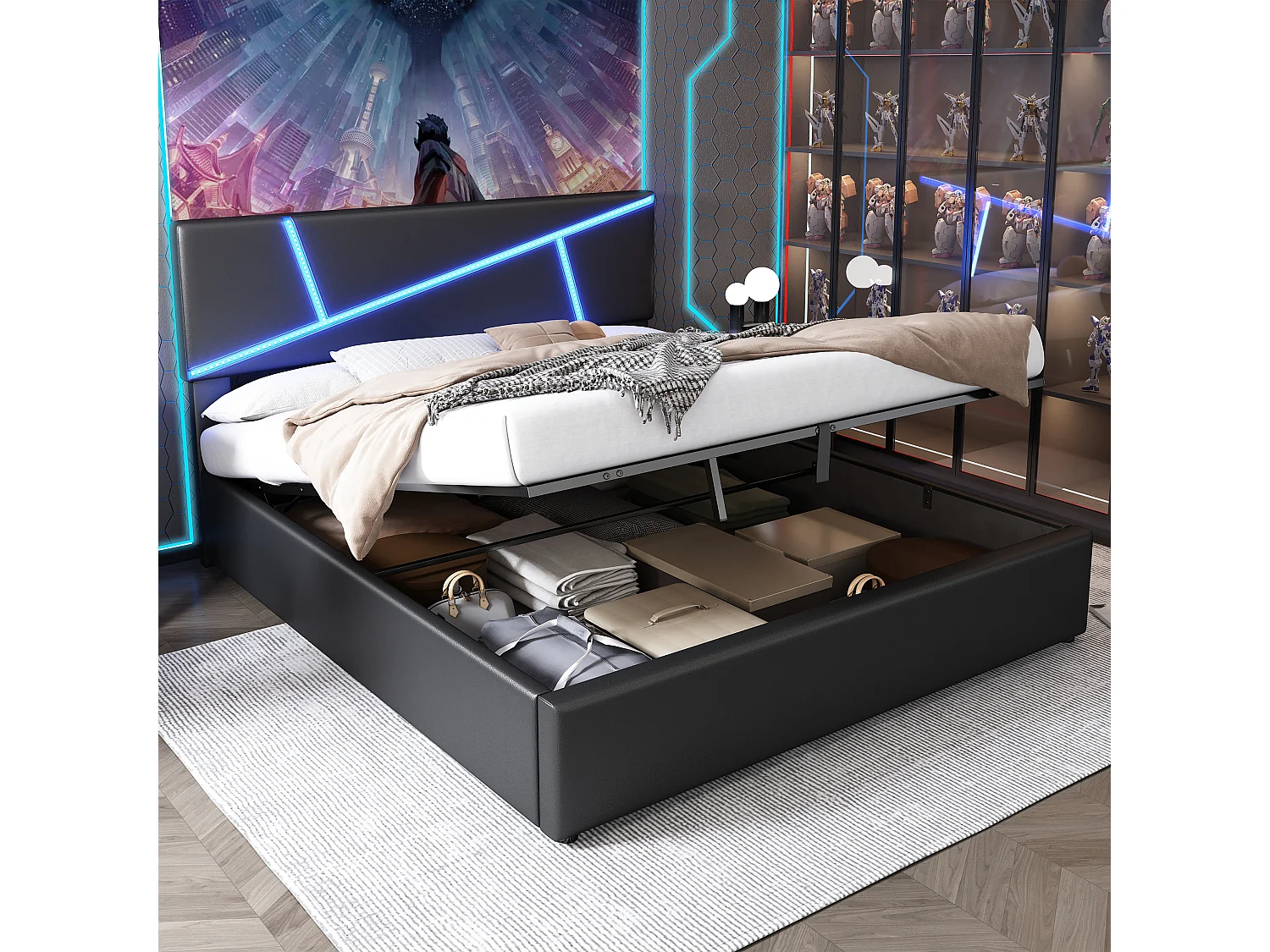 Lit rembourré confortable avec bandeaux led, 180 * 200 cm, noir