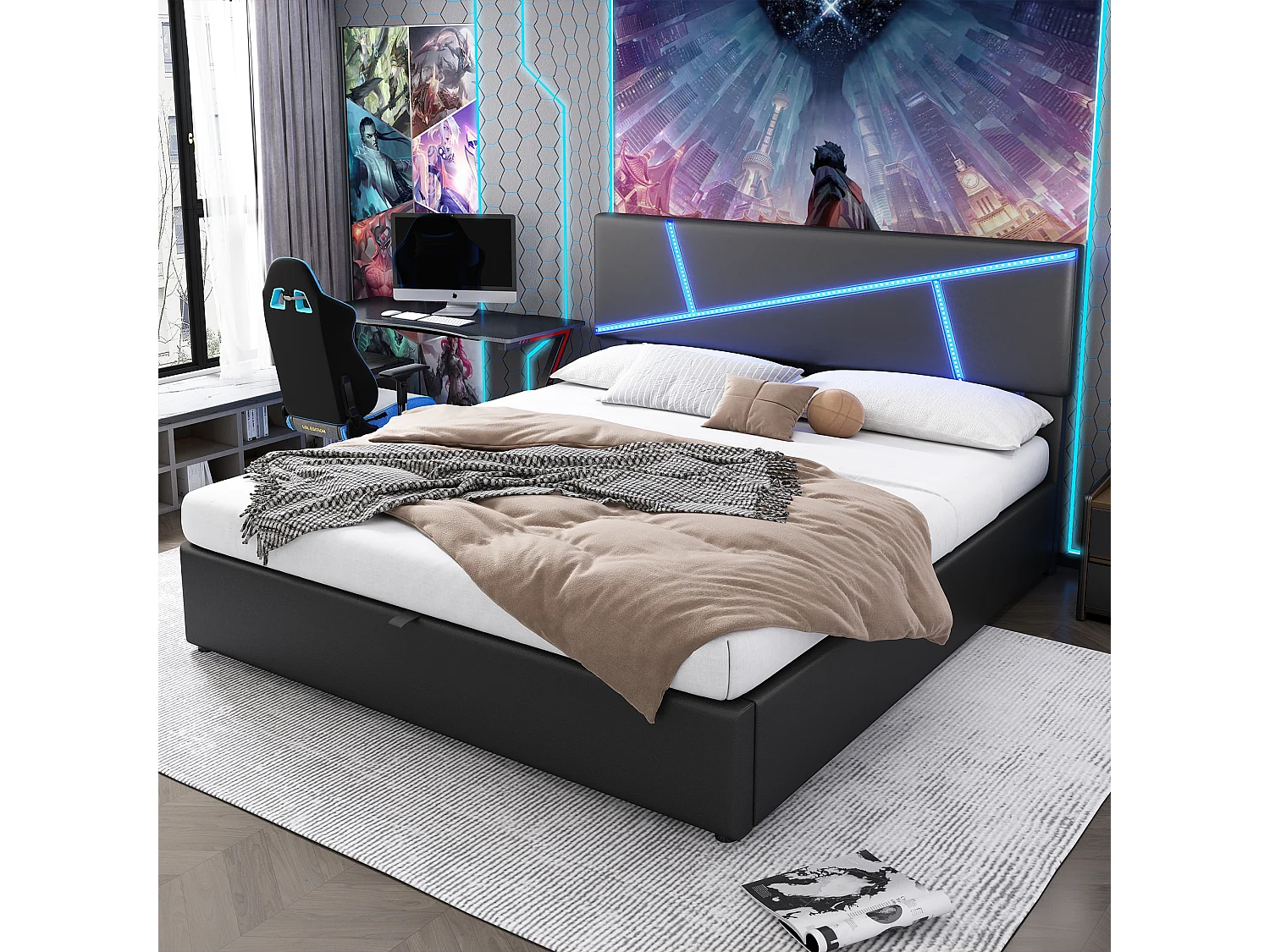 Lit rembourré confortable avec bandeaux led, 180 * 200 cm, noir