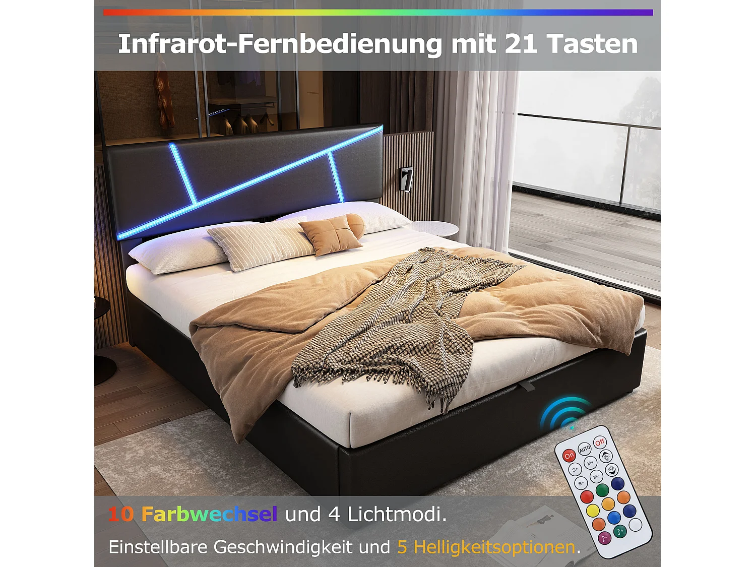 Lit rembourré confortable avec bandeaux led, 180 * 200 cm, noir