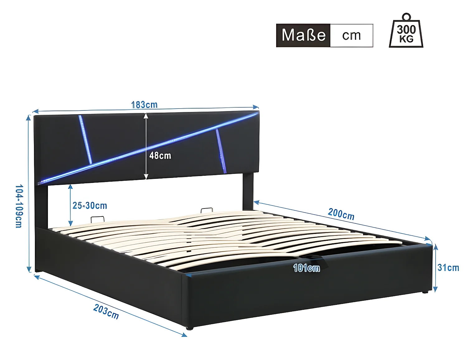 Lit rembourré confortable avec bandeaux led, 180 * 200 cm, noir