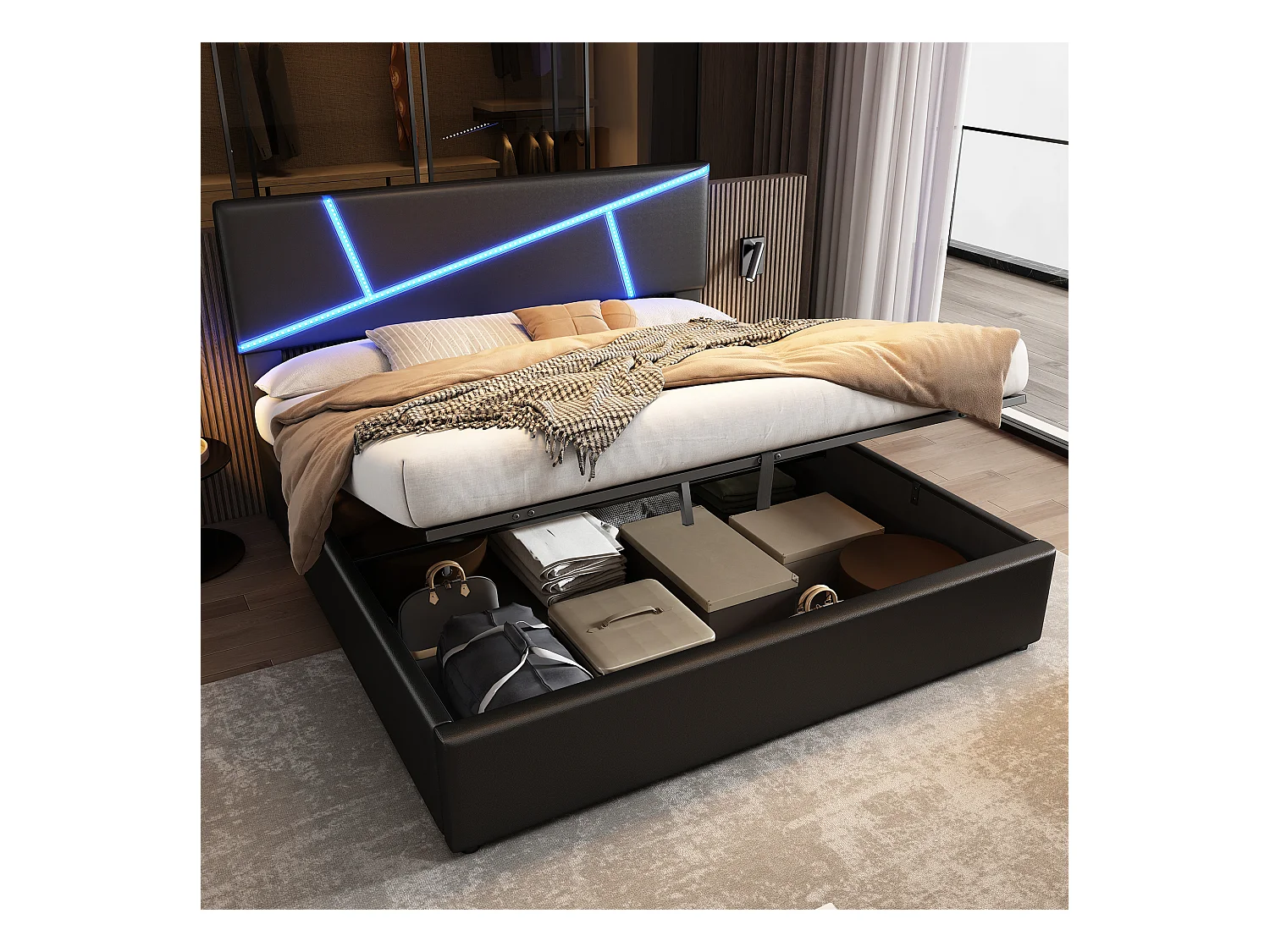 Comfortabel gestoffeerd bed met LED-strips, 180 * 200 cm, zwart