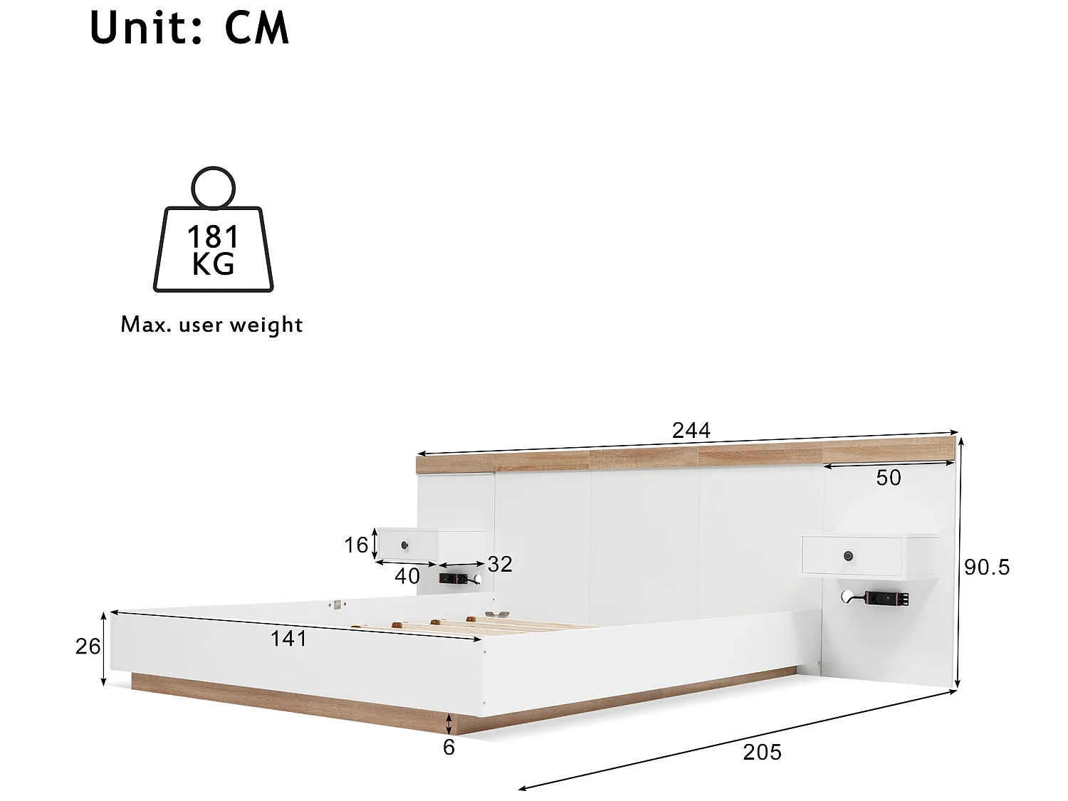 Lit double avec 2 tables de chevet led et prise usb c 140 x 200 cm, 205x244x90.5 cm (l/p/h), blanc