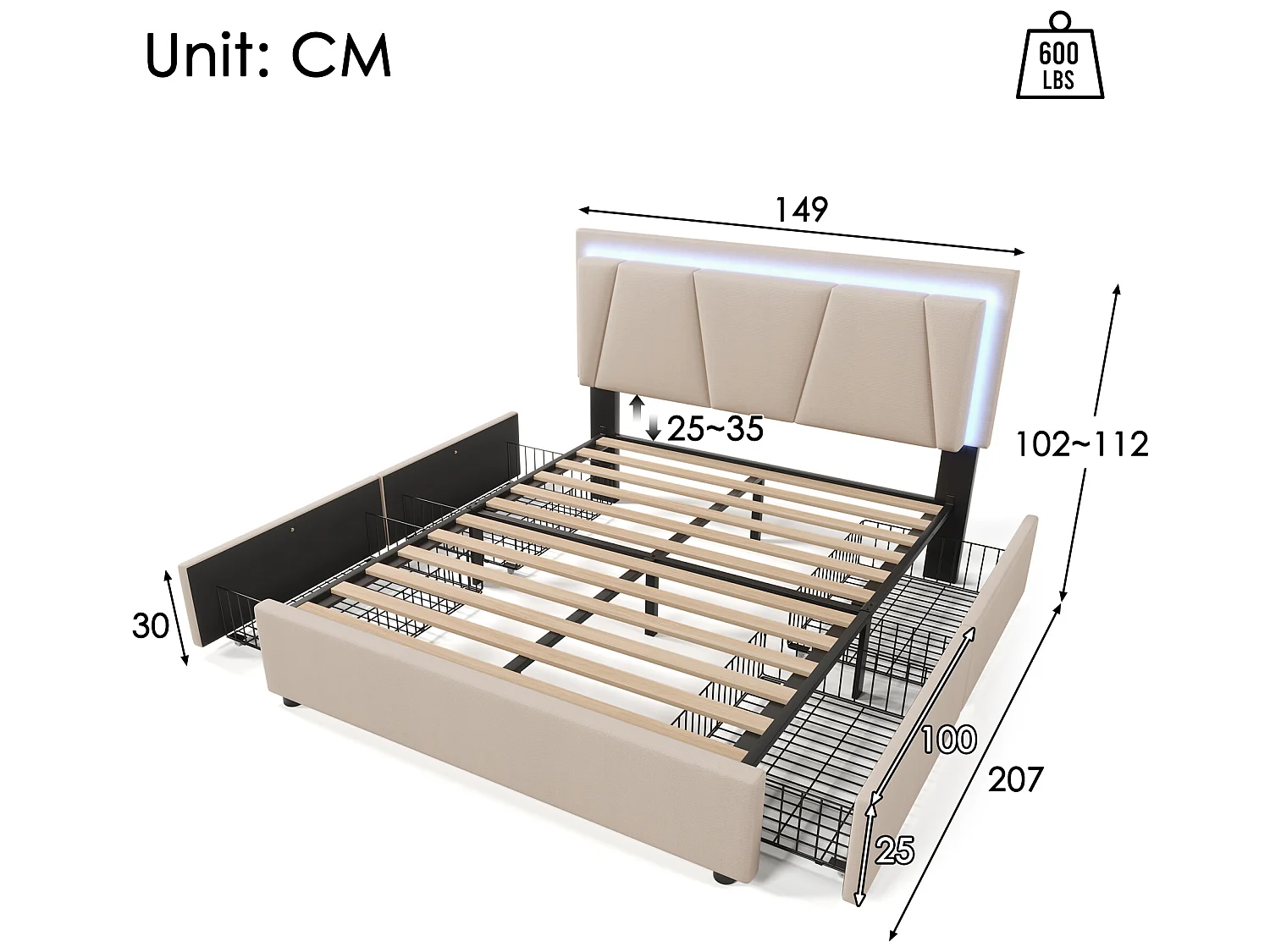 Lit double avec éclairage led et 4 tiroirs, 140x200cm beige