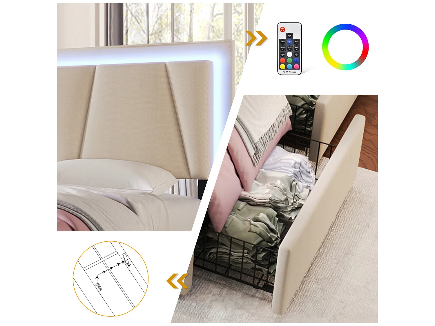 Lit double avec éclairage led et 4 tiroirs, 140x200cm beige