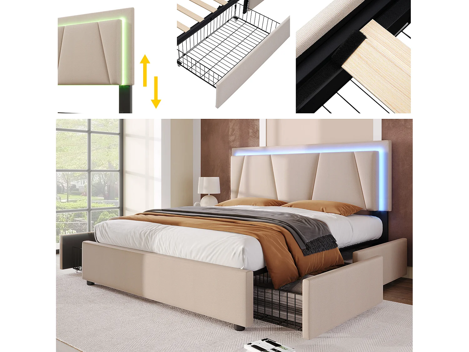 Lit double avec éclairage led et 4 tiroirs, 140x200cm beige