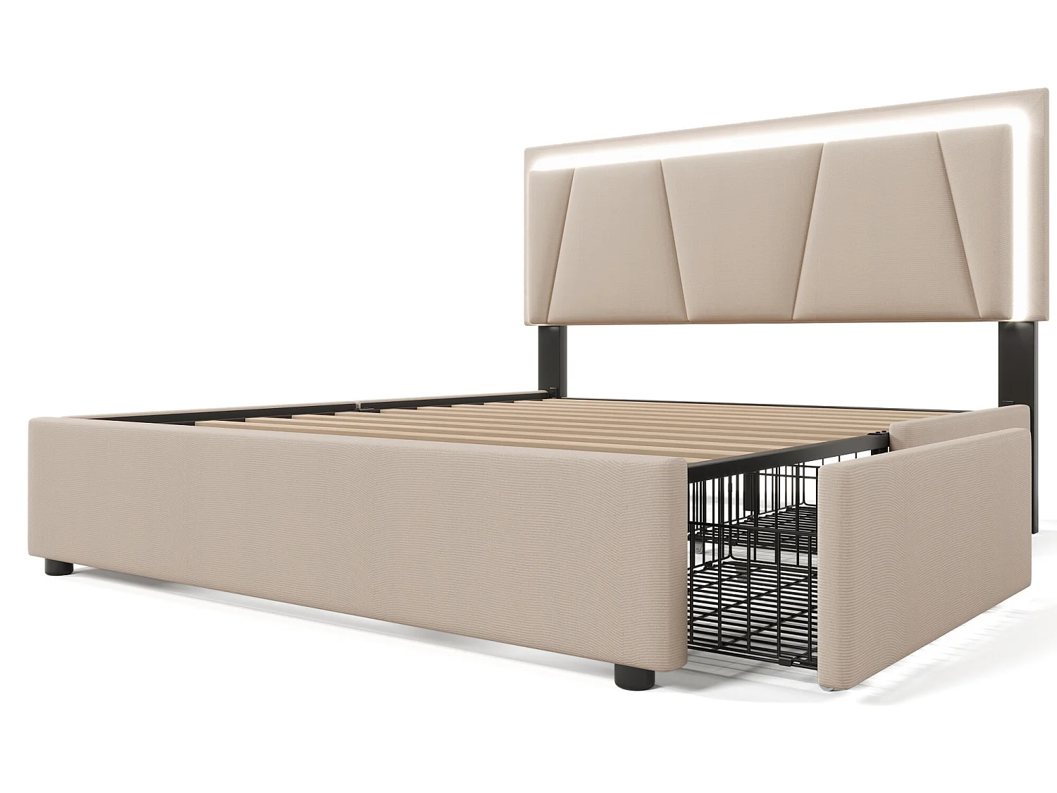 Lit double avec éclairage led et 4 tiroirs, 140x200cm beige