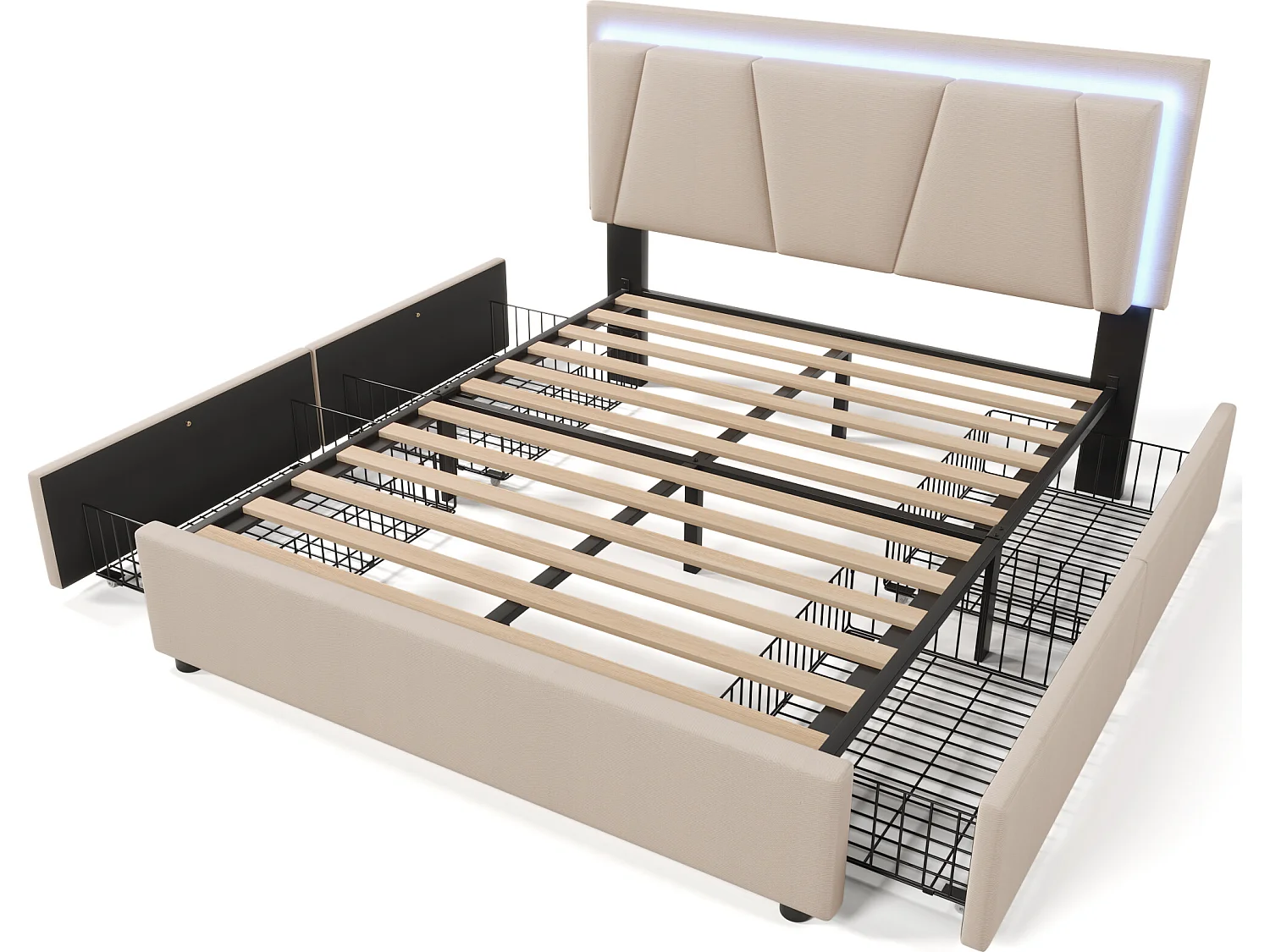 Lit double avec éclairage led et 4 tiroirs, 140x200cm beige