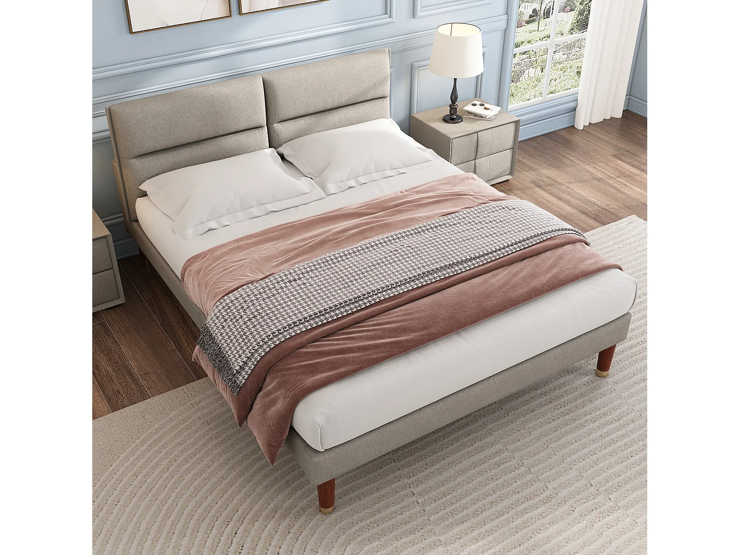 Gestoffeerd bed, tweepersoonsbed met verstelbaar hoofdeinde, houten onderstel, 160*200cm, linnen, beigegrijs