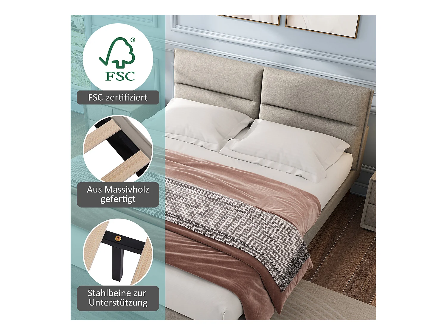 Gestoffeerd bed, tweepersoonsbed met verstelbaar hoofdeinde, houten onderstel, 160*200cm, linnen, beigegrijs