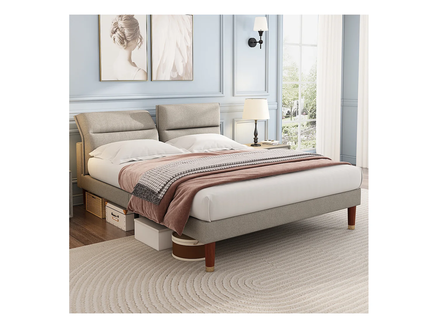 Lit rembourré, lit double avec tête de lit réglable, sommier en bois, 160*200cm, lin, beige-gris