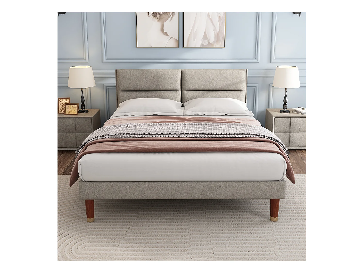 Lit rembourré, lit double avec tête de lit réglable, sommier en bois, 160*200cm, lin, beige-gris