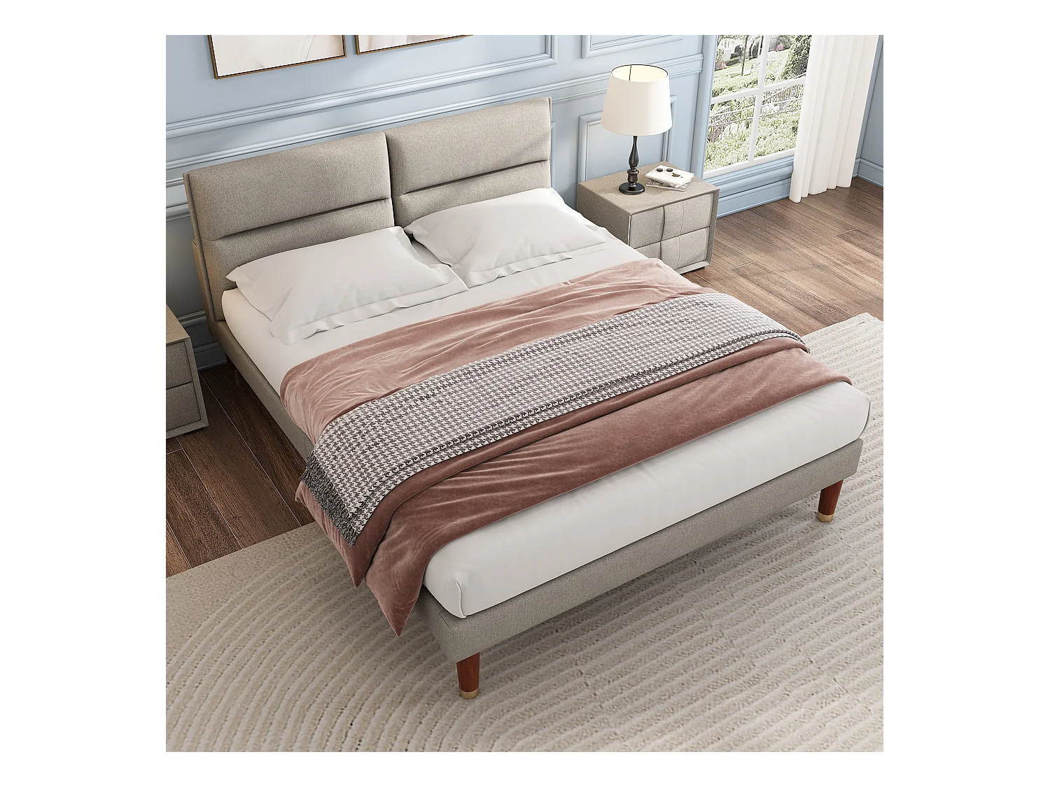 Lit rembourré, lit double avec tête de lit réglable, sommier en bois, 160*200cm, lin, beige-gris
