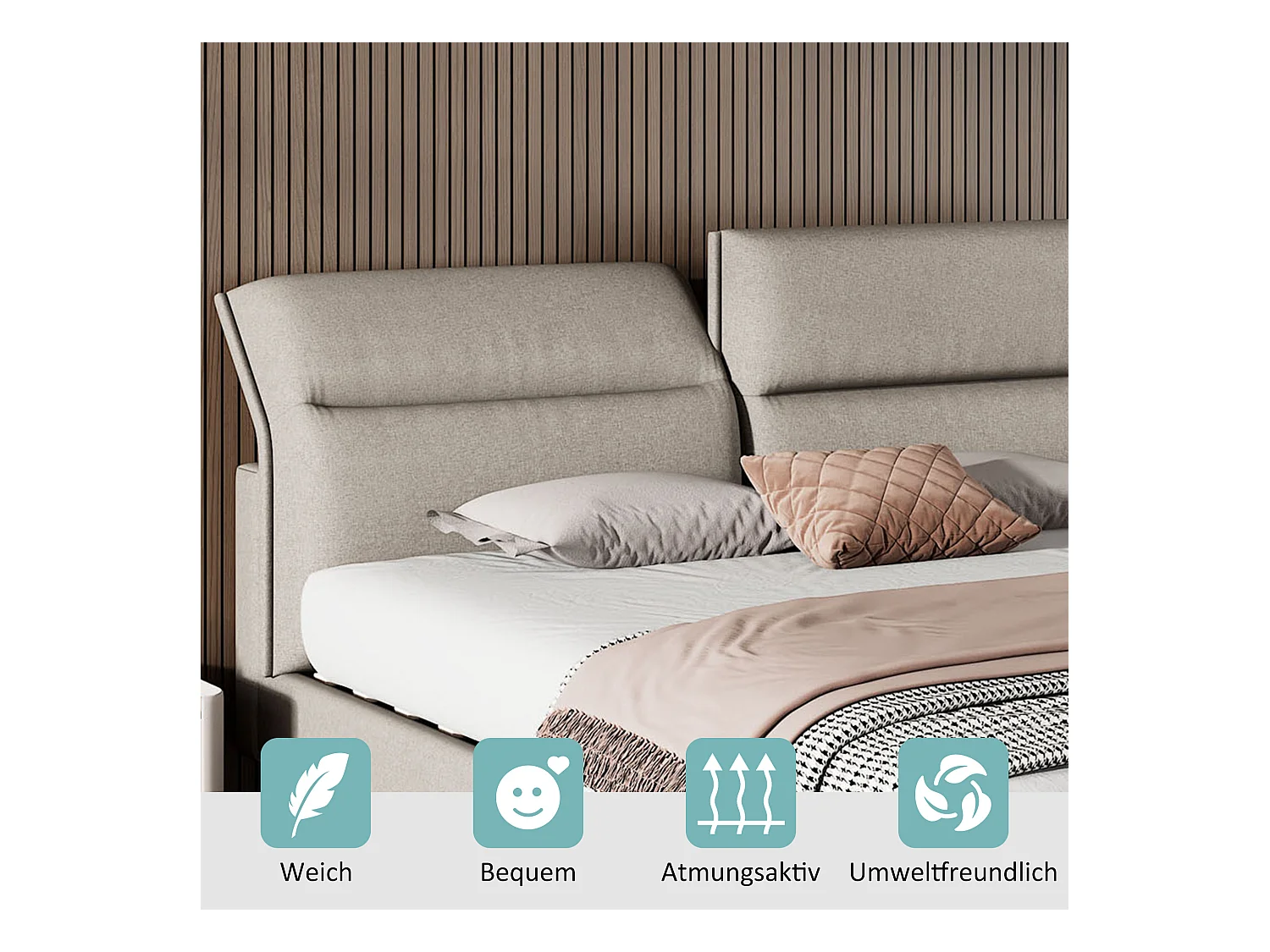 Lit rembourré, lit double avec tête de lit réglable, sommier en bois, 160*200cm, lin, beige-gris