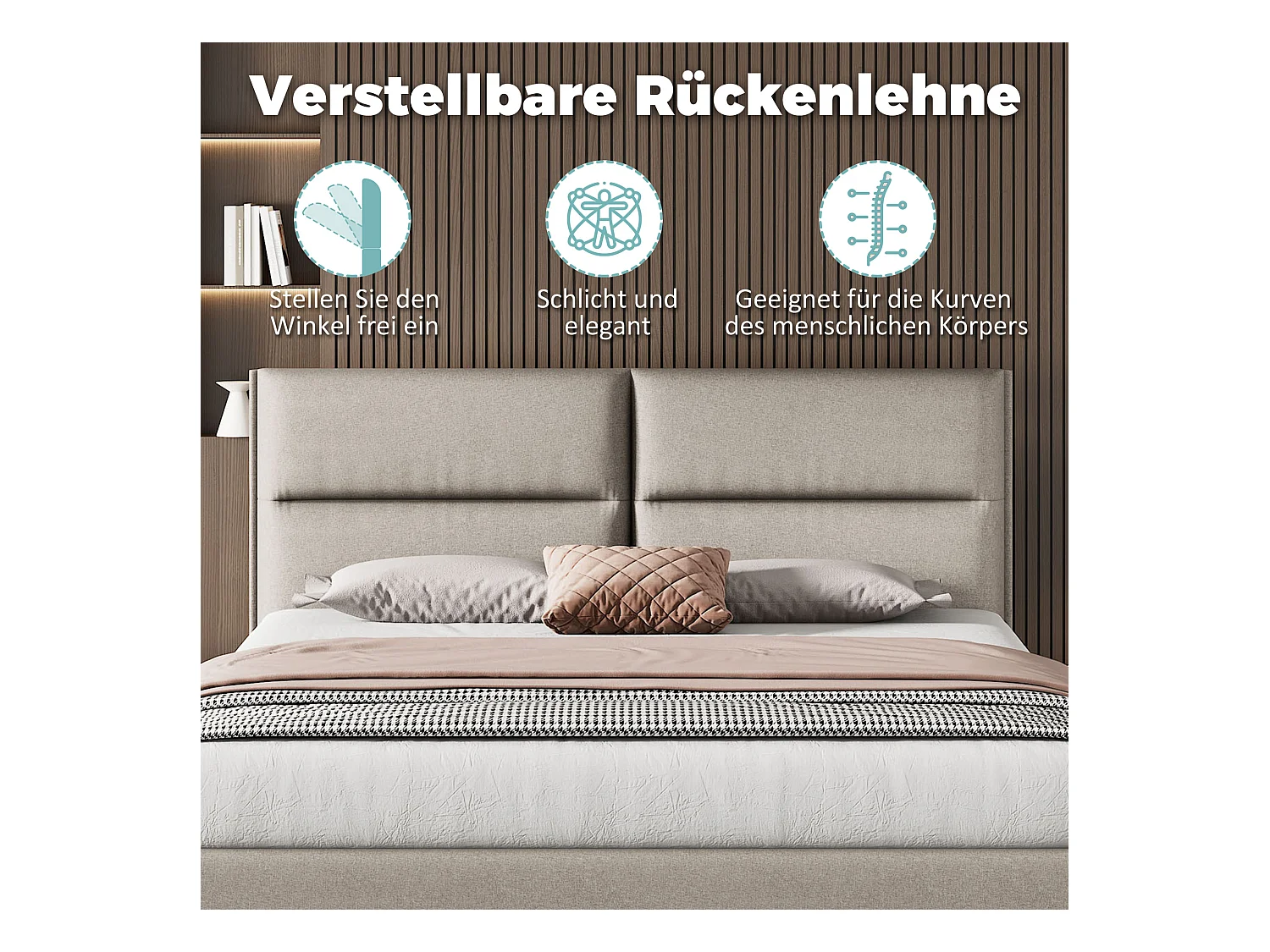 Lit rembourré, lit double avec tête de lit réglable, sommier en bois, 160*200cm, lin, beige-gris