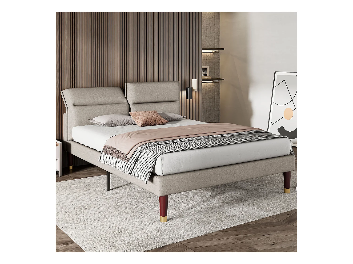 Lit rembourré, lit double avec tête de lit réglable, sommier en bois, 160*200cm, lin, beige-gris