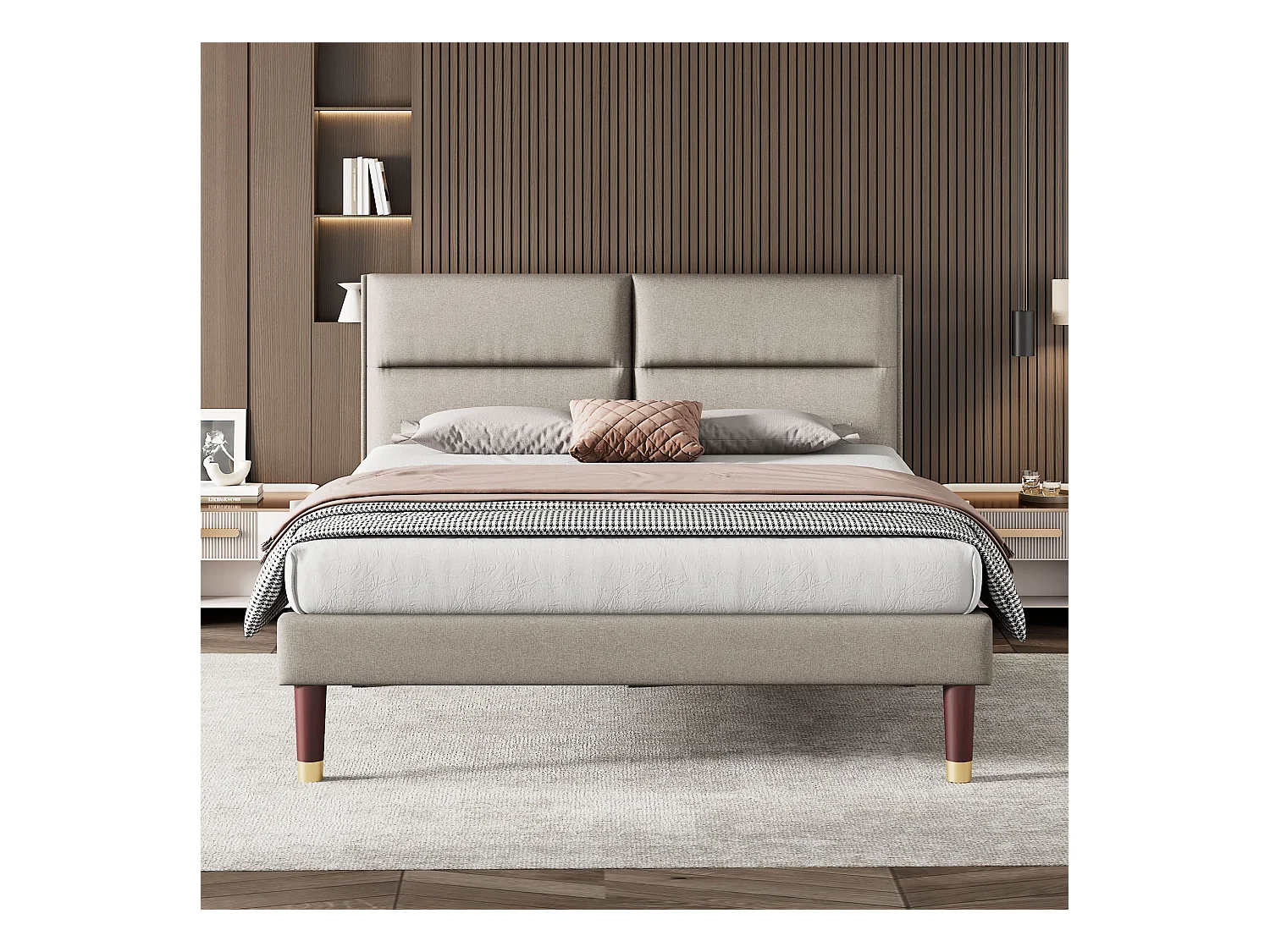 Lit rembourré, lit double avec tête de lit réglable, sommier en bois, 160*200cm, lin, beige-gris