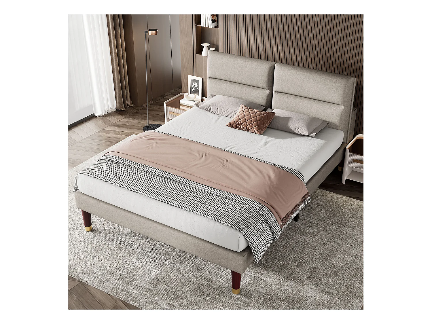 Lit rembourré, lit double avec tête de lit réglable, sommier en bois, 160*200cm, lin, beige-gris