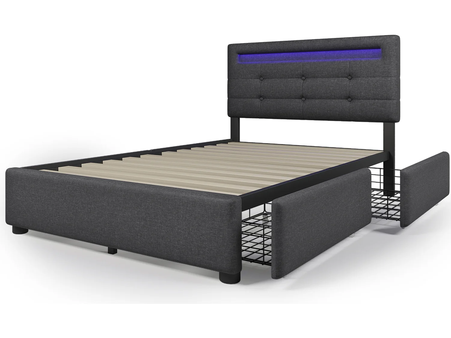 Letto singolo imbottito con giroletto LED e 2 cassetti, 90x200 cm, grigio