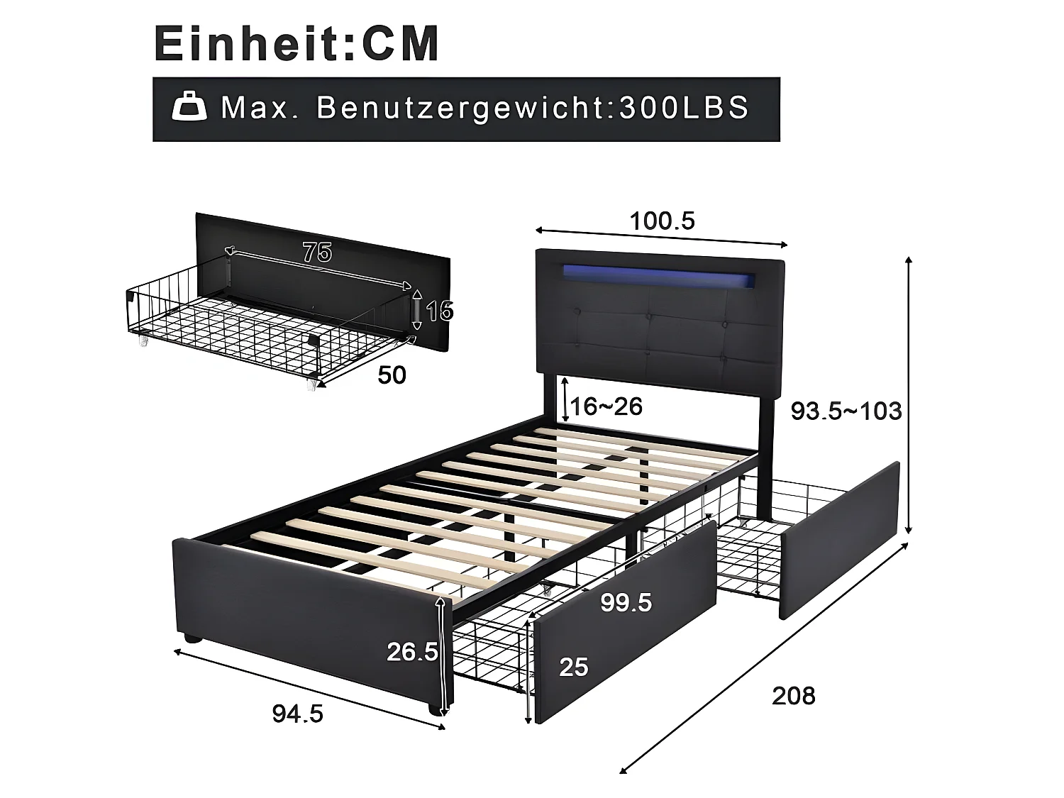 Lit simple rembourré avec cadre de lit à led et 2 tiroirs, 90x200 cm, gris