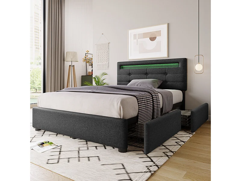 Cama individual tapizada con estructura de cama LED y 2 cajones, 90x200 cm, gris