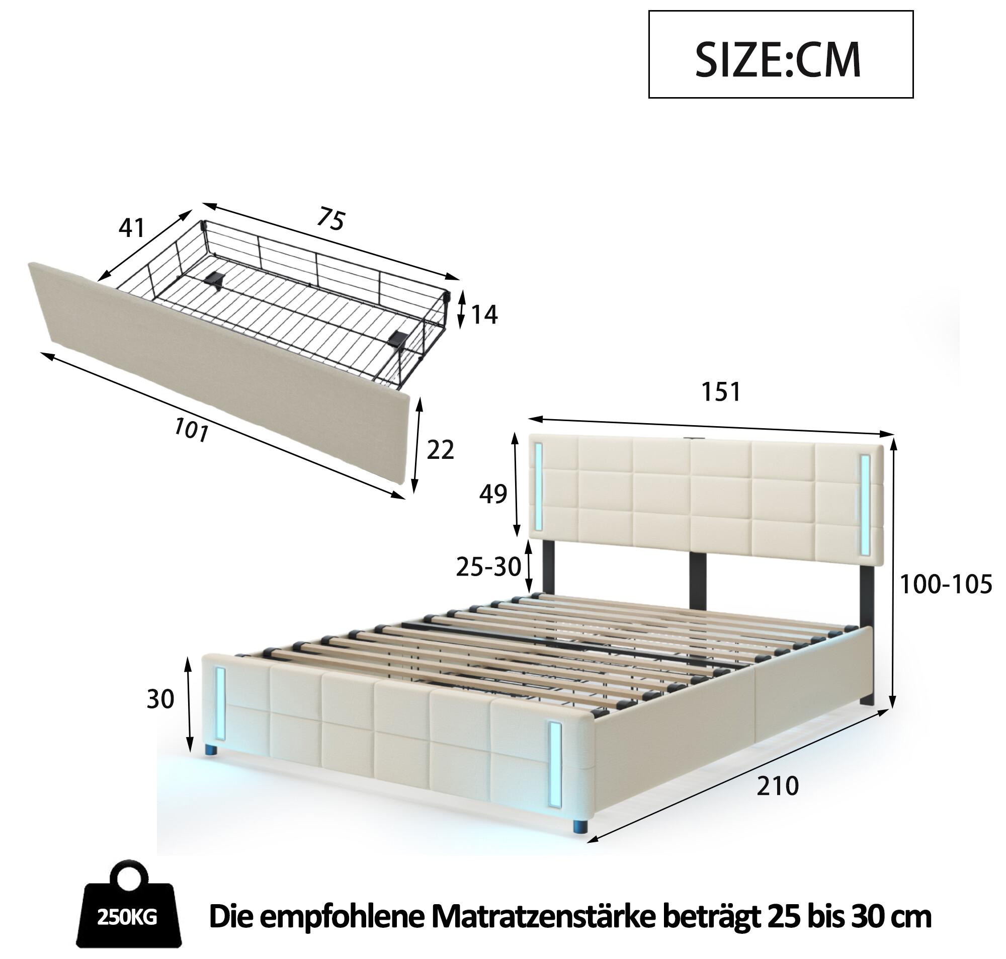 SUPPNEED Telaio letto con illuminazione a LED e 4 cassetti, letto  matrimoniale imbottito 140 x 200 cm, testiera regolabile in altezza, rete a  doghe in legno, nero (senza materasso) : : Casa e cucina