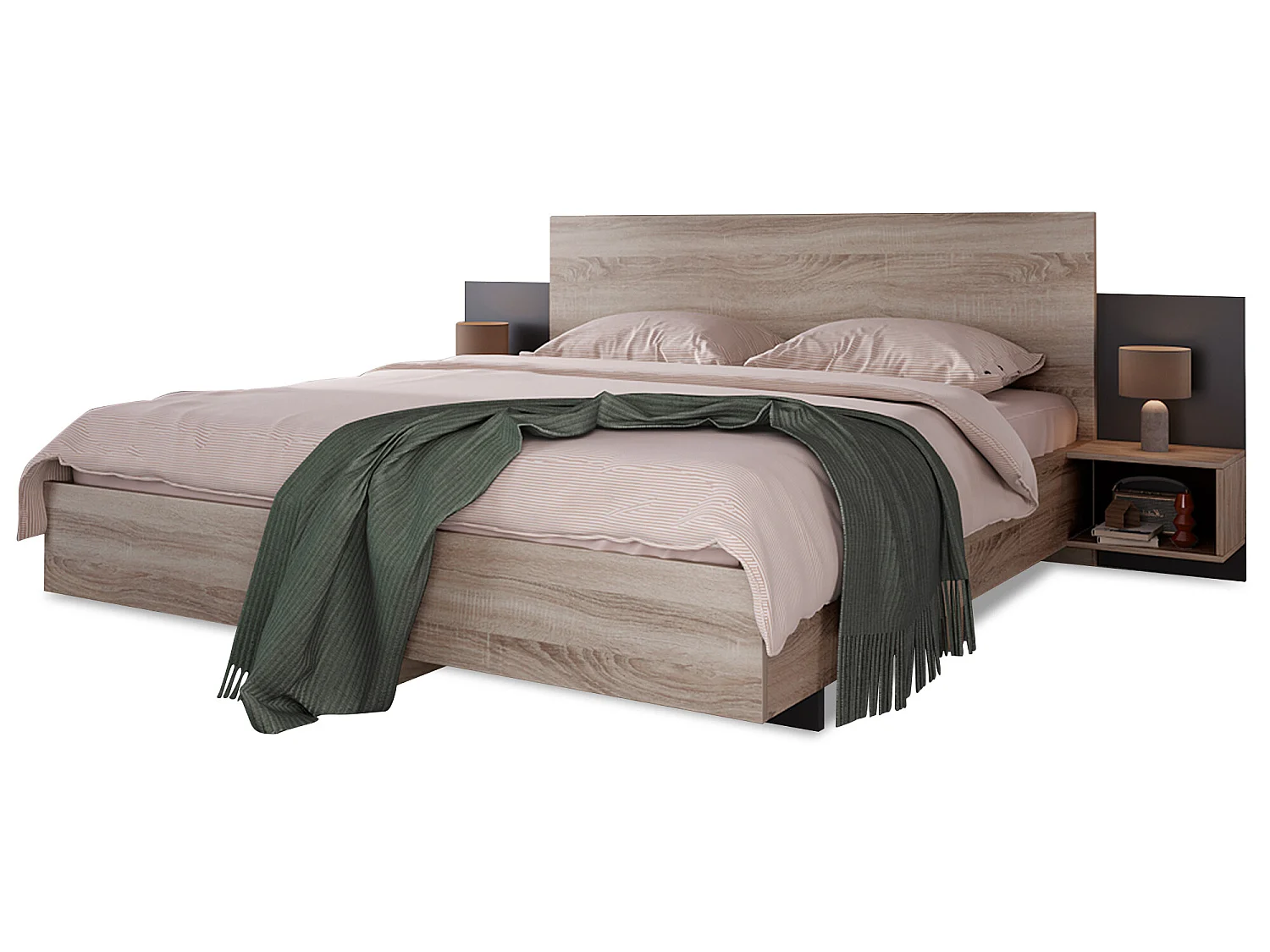 Houten tweepersoonsbed met bedblad 160 x 200 cm en 2 nachtkastjes, in sonoma eiken/donkergrijs